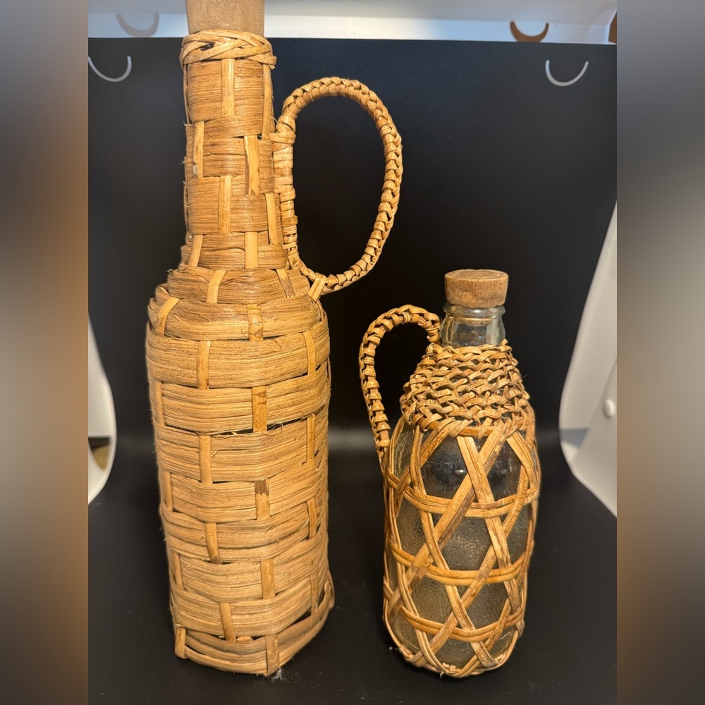 Vintage Wicker Covered Wine Bottles Heavy Clear Glass With Cork Cottage Boho